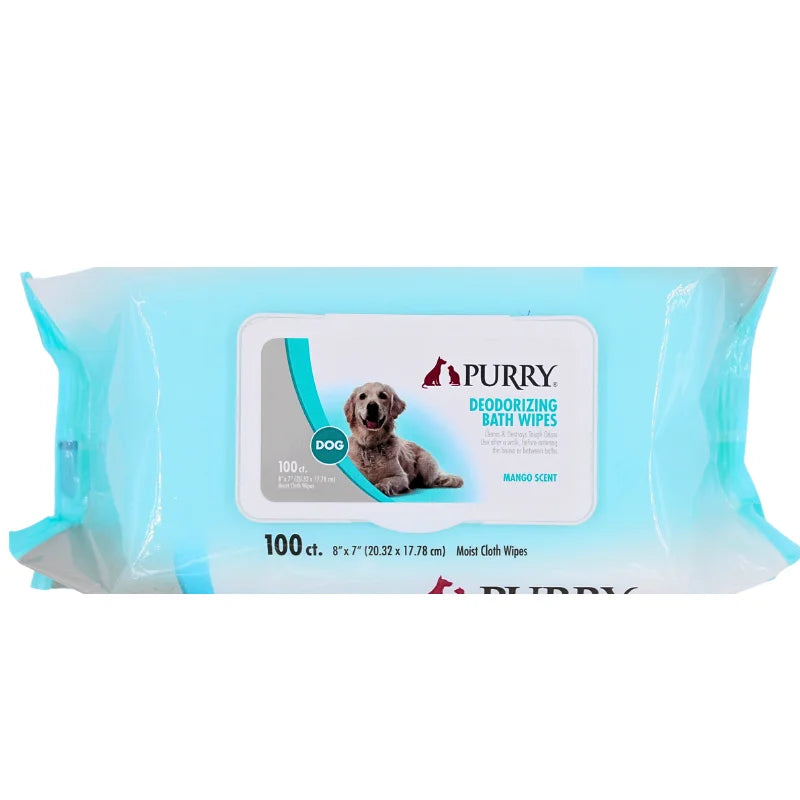 مناديل استحمام مزيلة للروائح الكريهة للكلاب برائحة المانجو من Purry (100 قطعة) - 18*20 سم
