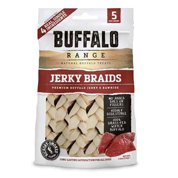 Buffalo Range Natural, Grain Free Jerky Braid Rawhide Chews for Dogs