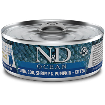 طعام القطط الرطب من فارمينا إن آند دي مع سمك التونة وسمك القد والجمبري والقرع 80 جرام