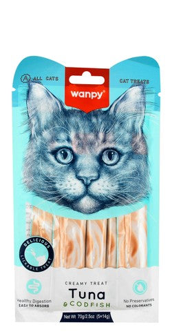 وانبي - مكافآت القطط الكريمية مع التونة وسمك القد (5 قطع) 70 جرام 