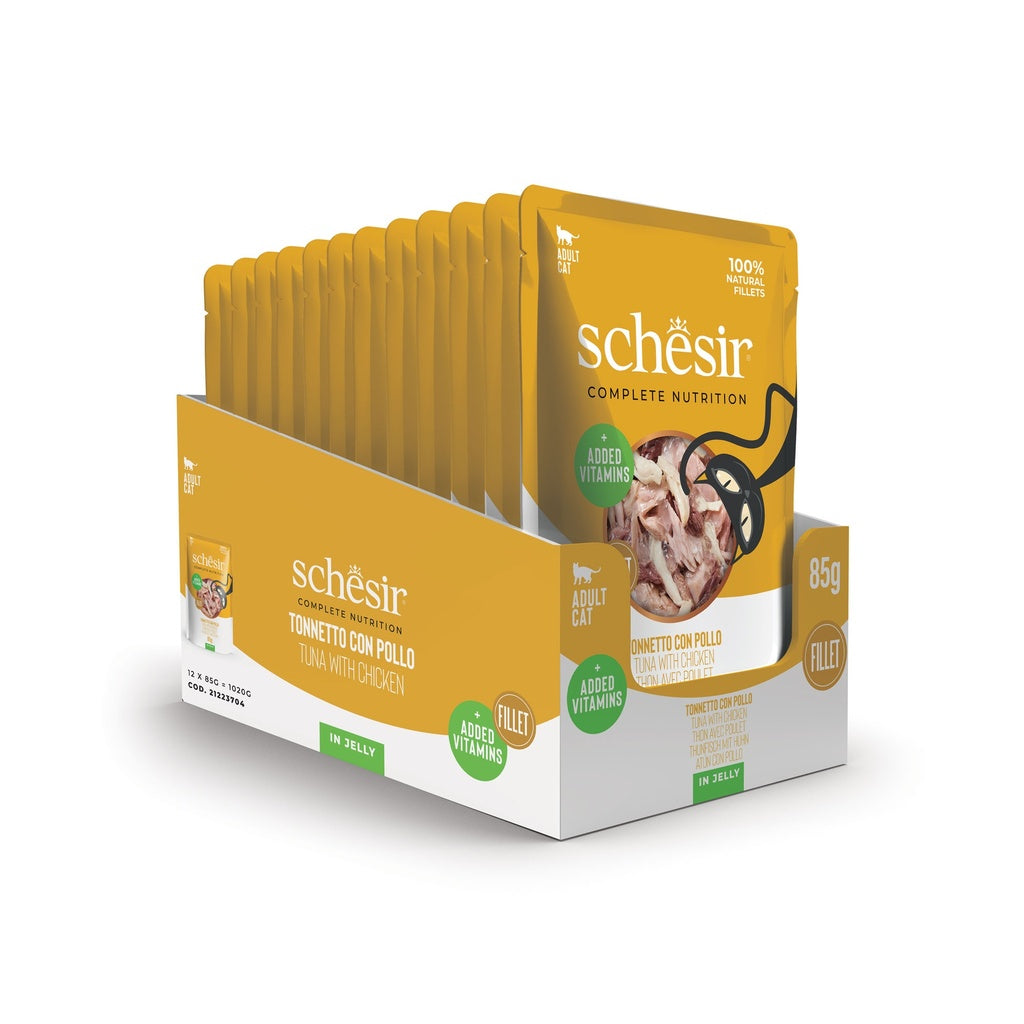 طعام شيزر الرطب بالدجاج والتونة في الجيلي للقطط البالغة 85 جرام