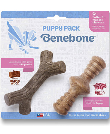 عبوة من قطعتين من Benebone Puppy Maplestick/Zaggler (صغيرة الحجم) – لحم خنزير مقدد