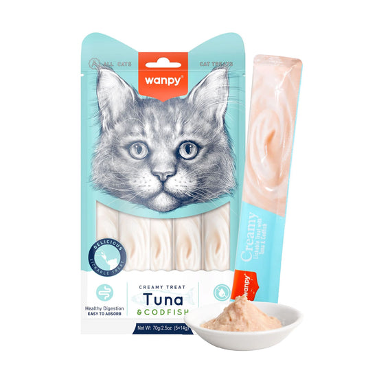 Wanpy Creamy Lickable Cat Treats ‰ÛÒ Tuna & Codfish (14gx5)