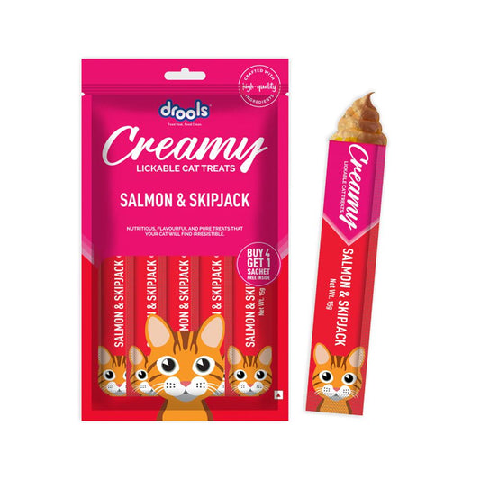 مكافآت القطط الكريمية من درولز على شكل سمك السلمون والسكيبجاك - 75 جم