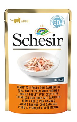 طعام شيزر الرطب مع التونة والدجاج والدنيس في هلام للقطط البالغة 50 جرام