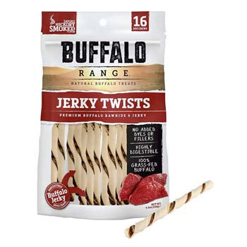Buffalo Range Natural, Grain Free Jerky Twist Rawhide Chews for Dogs